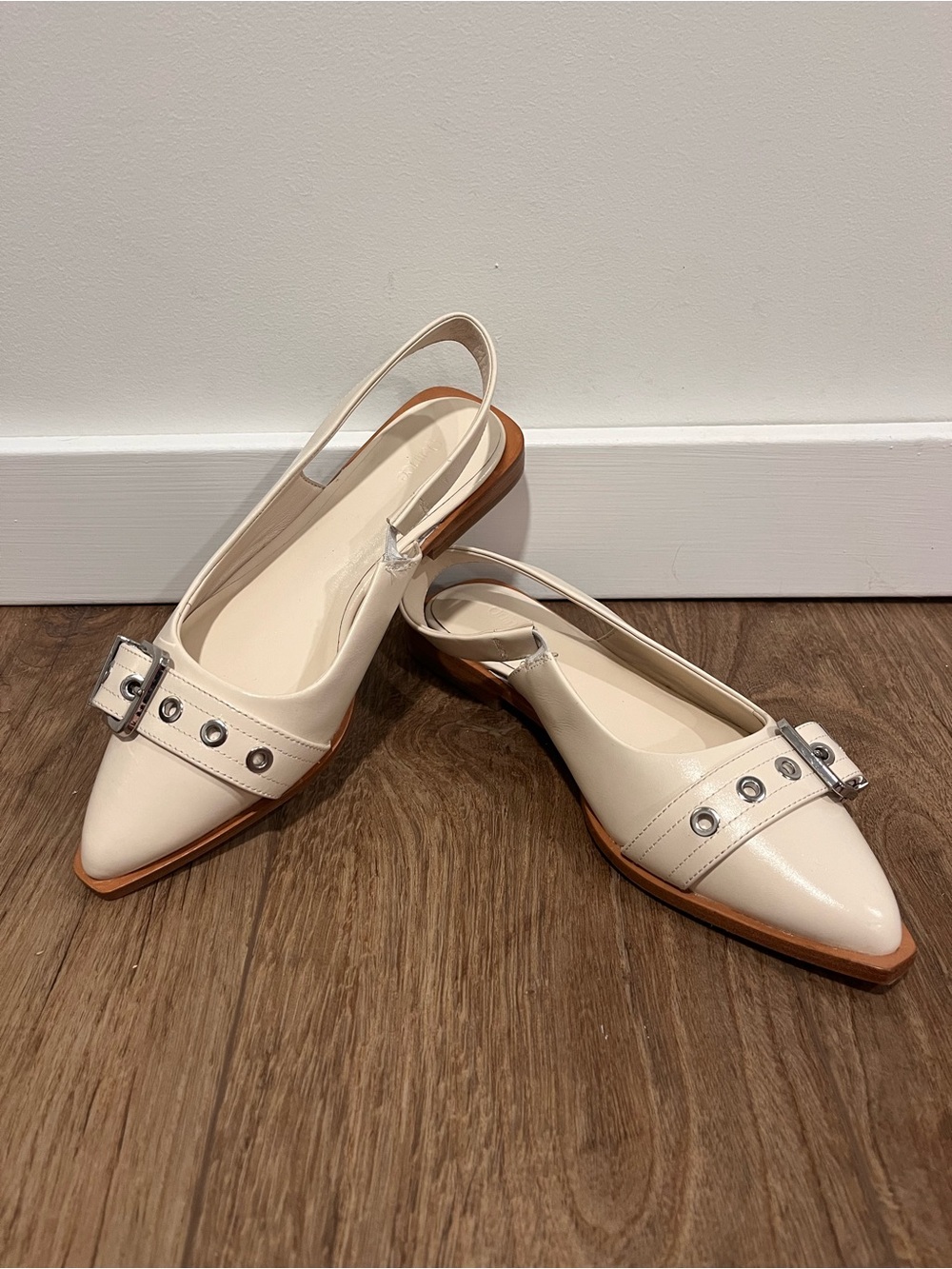 Quince Ivory Pointed Slingback Flats with Buckle Accents